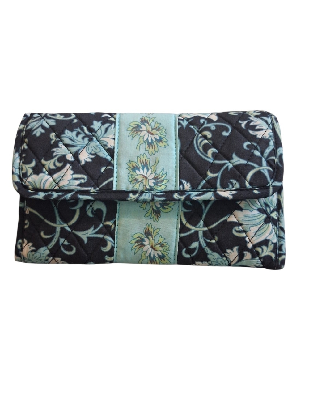 Quilted Floral Fold-Over Clutch in Navy and Aqua